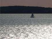 Wassersport auf dem Achterwasser: Segelboot von der Halbinsel Loddiner Hft aus gesehen.