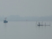 Im Dunst: Fischerboot auf dem Achterwasser nahe Ltow.