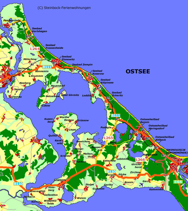 Usedom auf der Landkarte: Ausflge mit Auto oder Bahn.
